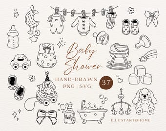 Hand-Drawn Baby Shower Clipart, Doodle SVG PNG for Newborns & Gender Reveal Invitations