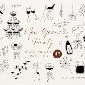 A hand-drawn New Year party line art clipart set featuring champagne, balloons, and festive decorations. Minimal black line illustrations perfect for invitations and crafts. Clean and modern celebration elements for New Year projects.