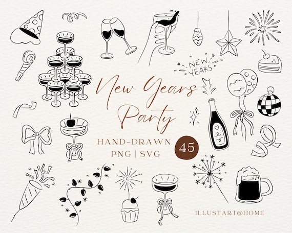 New Year Party Line Art Clipart Set | Hand Drawn Champagne Firework Celebration PNG SVG