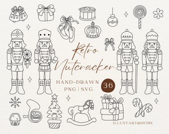 Cascanueces retro (SVG PNG), Cascanueces navideño vintage dibujado a mano para colorear y manualidades.