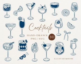 Hand-Drawn Cocktail Clipart Set | Drink Illustrations | PNG, SVG for Bar Menu, Wedding Invitations