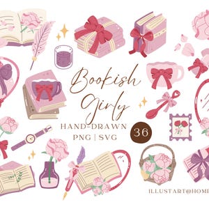 Puede incluir: Una colección de ilustraciones dibujadas a mano con el tema "Bookish Girly". La imagen presenta libros, lazos, flores, perfume, un reloj y otros elementos decorativos en tonos rosa, morado y crema. El texto "Bookish Girly" se muestra en una fuente cursiva.