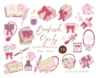 Bookish Girly Clipart PNG SVG, Hand-Drawn Books and Flowers Elements (Digital Download)