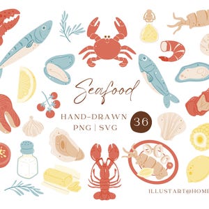 Hand-Drawn Seafood Clipart SVG, PNG Ocean Crab Lobster Shrimp Shellfish Graphics for sticker, sublimation.