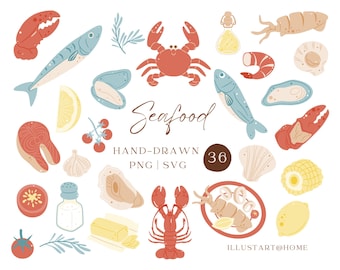 Imágenes prediseñadas de mariscos dibujados a mano SVG, PNG, gráficos de cangrejos, langostas, camarones y mariscos para calcomanías y sublimación.