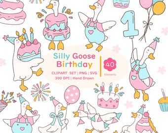 Silly Goose Birthday Clipart Set | Farm Animal Party PNG | Funny Goose | Digital Download