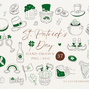 Pacote de Clipart SVG e PNG do Dia de São Patrício | Trevo irlandês desenhado à mão, duende para download digital