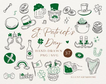 St Patrick's Day SVG PNG Clipart Bundle | Handgezeichnetes irisches Doodle-Kleeblatt, digitaler Download
