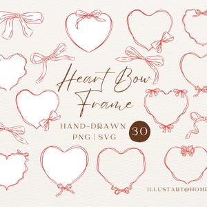 Könnte beinhalten: Eine Sammlung handgezeichneter, roter herzförmiger Rahmen und Schleifen. Das Bild enthält verschiedene Herzumrisse mit Schleifen sowie den Text "Heart Bow Frame" mit "HAND-DRAWN PNG | SVG" und der Zahl "30".