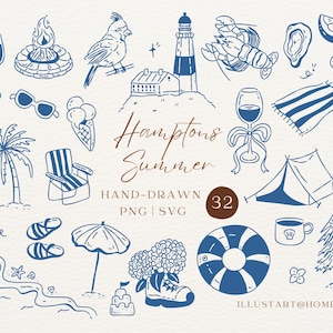 Puede incluir: Ilustraciones dibujadas a mano en azul y blanco de elementos temáticos de verano y playa, incluyendo un faro, una langosta, un helado, una silla de playa y una sombrilla. También se incluye el texto "Hamptons Summer".