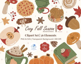 May include: A collection of hand-drawn fall-themed clip art elements. Includes a pie, turkey, pumpkins, mushrooms, leaves, and a mug of hot chocolate. Text reads "Cozy Fall Season" and "Clipart Set | 36 Elements".