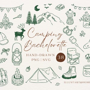 Camp Bachelorette Clipart SVG PNG | Handritad rustik brudstam bergscamping för inbjudningar
