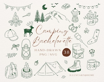 Camp Bachelorette Clipart SVG PNG | Hand Drawn Rustic Bride Mountain Camping for Invitations