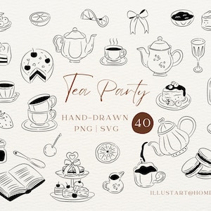Imágenes prediseñadas de fiesta de té en formato SVG y PNG, ilustraciones vintage dibujadas a mano para invitaciones de té de la tarde.