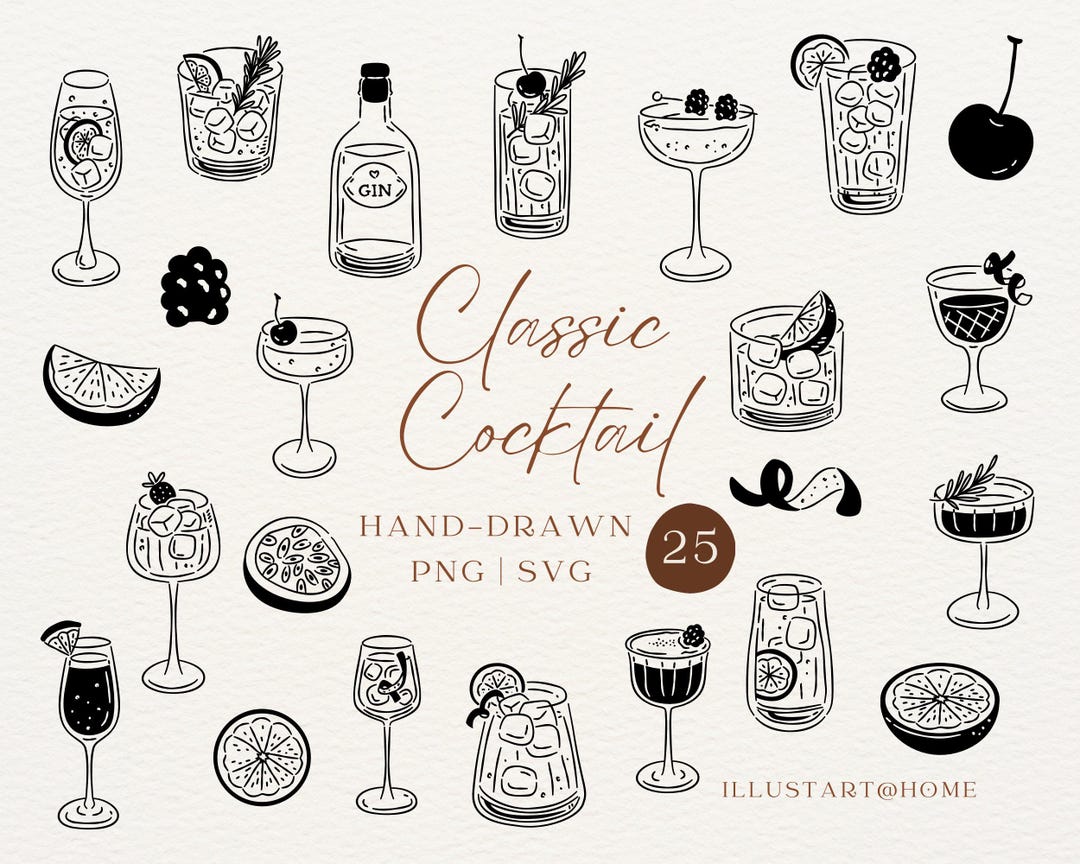Hand Drawn Classic Cocktail Clipart SVG, PNG | Vintage Drinks Line Art ...