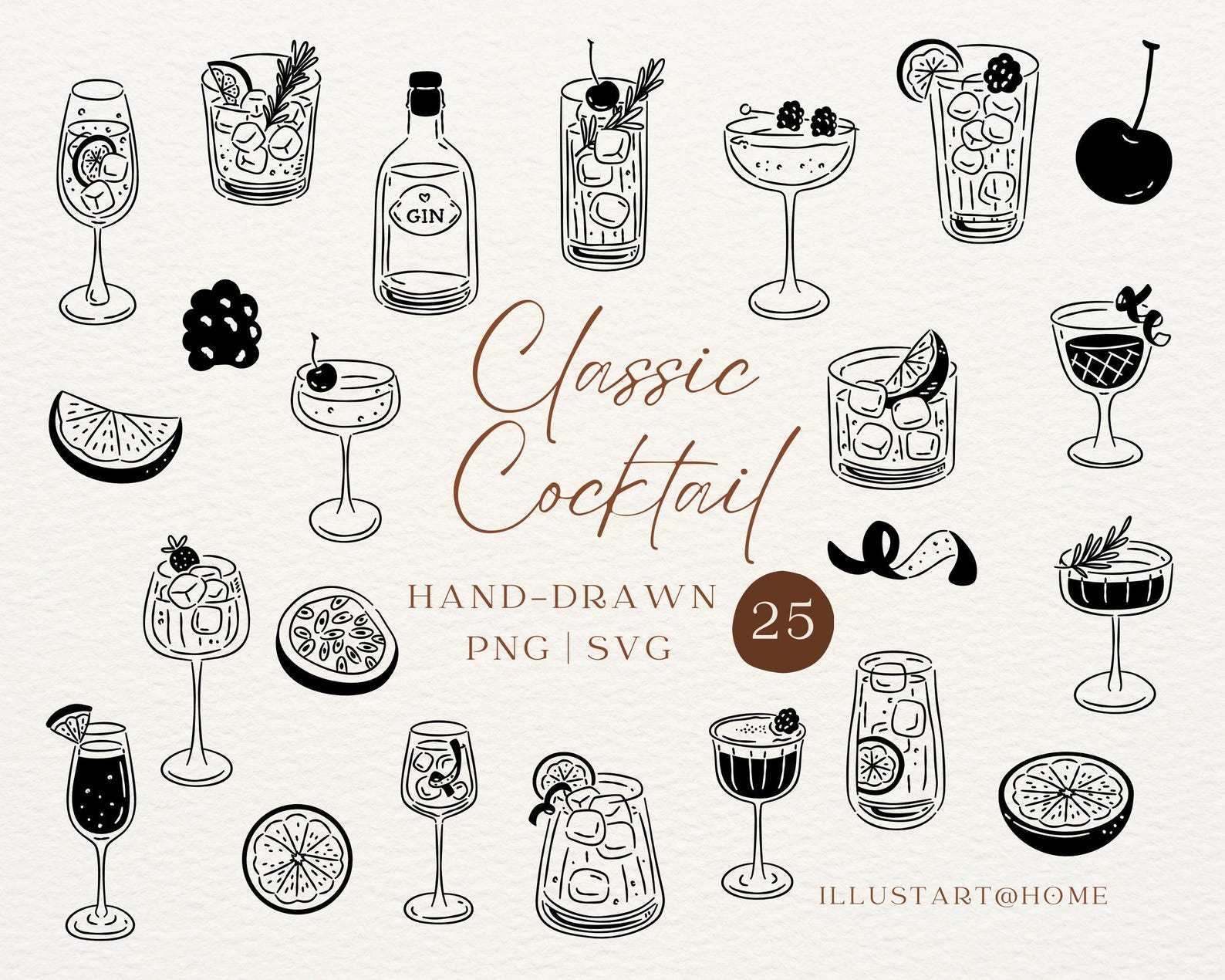 Hand Drawn Classic Cocktail Clipart SVG, PNG | Vintage Drinks Line Art ...