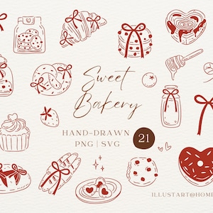 May include: A set of hand-drawn bakery illustrations in brown. The image features cookies in jars, croissants, a pretzel, a cupcake, a strawberry, a heart-shaped pastry, and the text "Sweet Bakery".