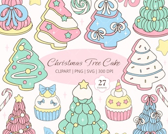 Imágenes prediseñadas de tarta navideña con forma de árbol kawaii: dulces navideños en tonos pastel (PNG, SVG)