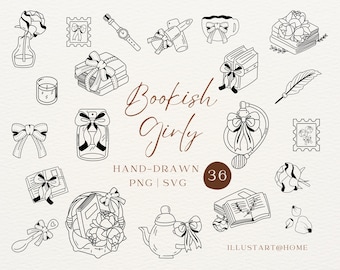 Bookish Girly Clipart Set, Hand-Drawn Line Art Books & Bows, PNG SVG Bundle