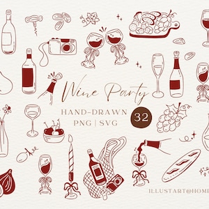 Op de afbeelding: Een verzameling handgetekende illustraties in een thema van een wijnfeest. De afbeelding bevat wijnflessen, glazen, een camera, een kurkentrekker, een kaasplank en andere gerelateerde items. De tekst "Wine Party" wordt weergegeven.