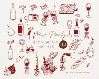 Vino antes de los votos, imágenes prediseñadas de despedida de soltera con temática de vino dibujadas a mano en formato SVG y PNG para invitaciones.