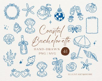 Puede incluir: Ilustraciones de arte lineal azul dibujadas a mano con un tema de despedida de soltera costera. Incluye conchas marinas, estrellas de mar, copas de champán, un cóctel y el texto "Coastal Bachelorette". La imagen también incluye el texto "Hand-Drawn PNG | SVG" y "41".
