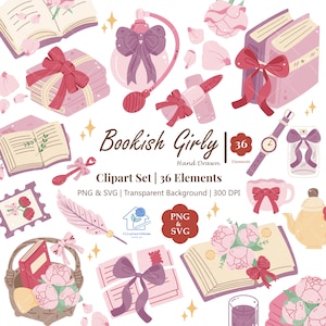 Bookish Girly Clipart Set Png, Svg, Coquette Bow Book Lover, Book Club Png, Feminine Reading & Cute Elements