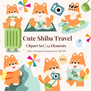 Süße Hund Reise Clipart Set Kawaii Shiba Hund Art PNG für Planer, Aufkleber, Scrapbook, Kartenherstellung, digitaler Download