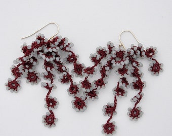 Flower Falls Crochet Earrings in Maroon and Grey