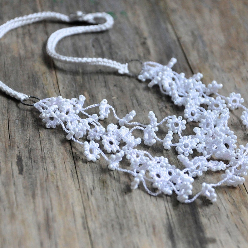 Download Flower Fall Crocheted And Beaded Necklace in White Wedding | Etsy