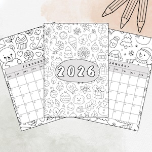 May include: Three black and white coloring calendars for 2026. Each calendar displays a different month, with the month name and dates. The central calendar has the year 2026 in an oval. The calendars are decorated with doodle illustrations.