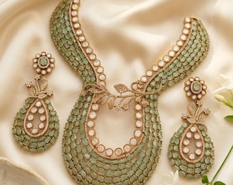 Uncut Polki Choker Necklace Set, Indian Bridal Statement Jewelry, Natural Semi Precious Stone Necklace Earrings Set