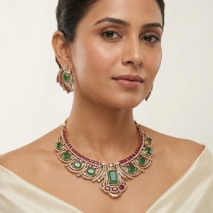 Emerald Ruby Art Deco Choker Necklace Set, Indian Bridal Fusion Jewelry, Gold Plated Statement Earrings, Festive Gift