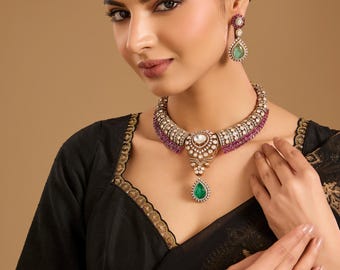 Conjunto de collar Polki Ruby / Colgante de corazón de moissanita y esmeralda / Joyería nupcial india chapada en oro / Pendientes Kundan / Joyería para novias