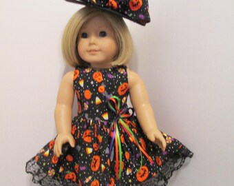 18 Inch Doll Clothes / 2 pc. Halloween "Trick or Treats" Black Sleeveless Glitter Party Dress and Coordinating Party Hat