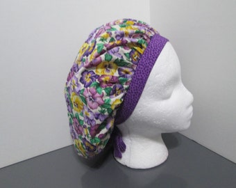 Lavender, Purple, and Yellow Pansies with Coordinating Purple Print Bouffant Surgical Scrub Cap