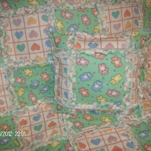 Infant Teddy Bears and Hearts Rag Quilt and Pillow Gift Set
