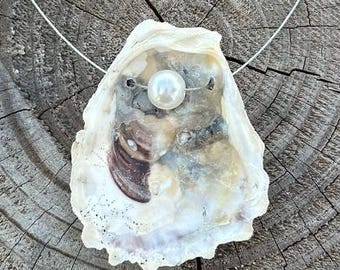 Naszyjnik z naturalnej muszli ostrygi, ręcznie robiony wisiorek z prawdziwej muszli, muszla ostrygi na drucie ze stali nierdzewnej, prezent na plażę dla niej, prezent ślubny na plażę