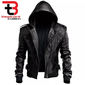 Men&#39;s Genuine Sheepskin Hooded Real Leather Jacket Black Leather Jacket For Bikers And Motorcycle