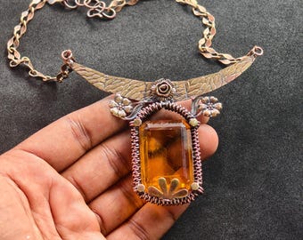 Citrine Copper Statement Necklace, Handmade Floral Rose Pendant, Vintage Style Boho Jewelry, Artisan Gemstone Gift for Her