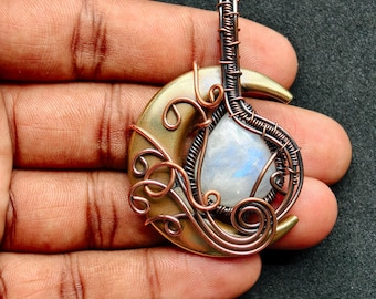 Handcrafted Moonstone Pendant Necklace, Copper Wire Wrapped Teardrop, Boho Gemstone Jewelry, Healing Crystal Gift for Her