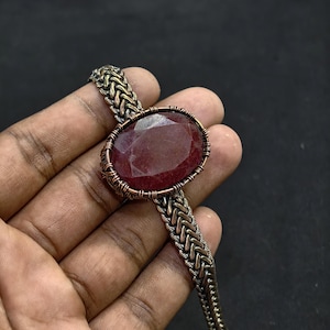 Ruby Copper Wire Wrapped Bangle | Handmade Adjustable Gemstone Bracelet | Boho Healing Crystal Jewelry Gift for Her
