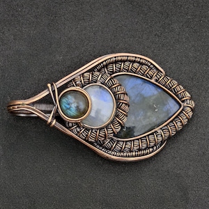 Peut inclure: Pendentif en fil de cuivre avec trois pierres pr&eacute;cieuses : une petite pierre ronde, une plus grande pierre ronde et une pierre en forme de goutte. Les pierres ont des reflets bleus et iris&eacute;s. Le pendentif est pos&eacute; sur un fond sombre.