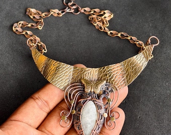 Handcrafted Copper Statement Necklace with Moonstone Pendant, Vintage Floral Rose Jewelry, Boho Gift for Her