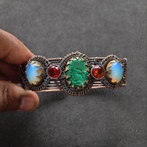 Malachite Opal Garnet Copper Bracelet, Wire Wrapped Gemstone Cuff, Elven Witchy Jewelry, Boho Statement Bracelet, Gift for Her