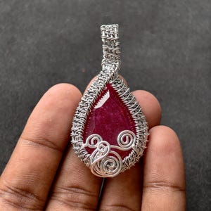 Handmade German Silver Kashmir Ruby Wire Wrapped Pendant, Oxidized Silver Tone Ruby Necklace, Artisan Boho Gemstone Gift for Her