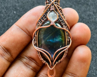 Copper Wire Wrapped Labradorite & Moonstone Pendant Necklace, Boho Gemstone Jewelry Gift for Mom, Healing Crystal Necklace