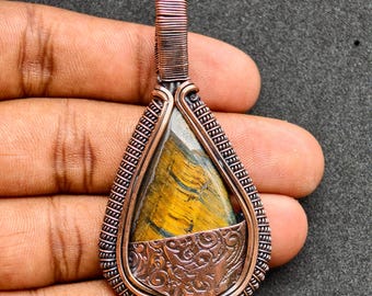 Collar con colgante de dendrita de tigre envuelto en alambre de cobre, joyería de piedras preciosas hecha a mano, regalo bohemio de cristal para ella, joyería inspirada en la naturaleza
