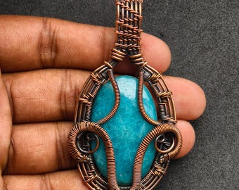 Collar con colgante de aguamarina envuelto en alambre de cobre, joyería de piedras preciosas azules, regalo de piedra natal de marzo, collar bohemio de cristal curativo