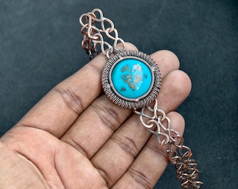 Arizona Turquoise Copper Bangle Bracelet, Wire Wrapped Turquoise Cuff, Boho Gemstone Jewelry, Handmade Copper Bracelet Gift for Her